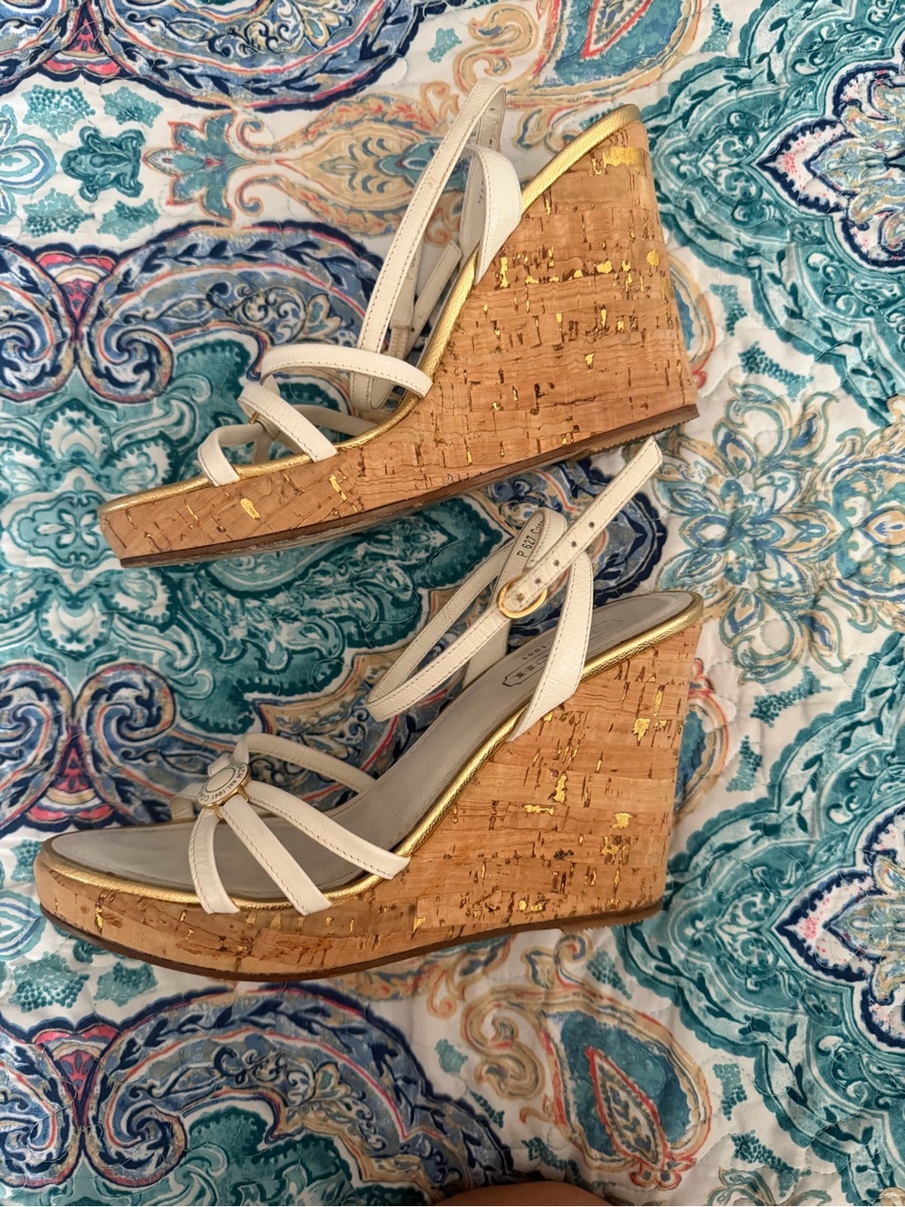 Coach White Leather Cork Wedge Sandals with Gold Accents